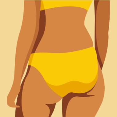 Yaz tatili ve plaj tatili konulu vektör görüntüsü. Kumsalda parlak sarı bir mayo içinde bronzlaşmış güzel kadın kalçaları. Web tasarımı için kullanışlı, el ilanları, afişler, posterler, baskılar.