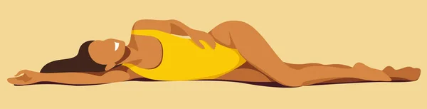 Διανυσματική Εικόνα Ενός Όμορφου Μαυρισμένου Κοριτσιού Κίτρινο Μαγιό Κάνει Ηλιοθεραπεία — Διανυσματικό Αρχείο