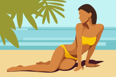Yaz tatili konulu vektör illüstrasyonu. Sarı bikinili güzel kız, palmiye ağacının gölgesinde kumsalda güneşleniyor. Yaz tatilleri, tatil beldeleri, oteller, plajlar için kullanışlı.