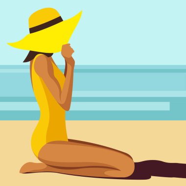 Yaz tatili konulu vektör resmi. Sarı mayo giymiş bronzlaşmış bir kız, plajda şapkayla poz verir, güneşlenir, dinlenir, tropik bir tatil köyünde denizin veya okyanusun arka planına karşı dinlenir..