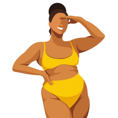 Vücut pozitifliği konulu vektör çizimi. Genç, sulu, tombul bir kız göbeğinin üstünde yuvarlanmaktan utanmaz. Beyaz arka planda izole edilmiş. Vücudunu sev ve kabul et. Kendini sev.