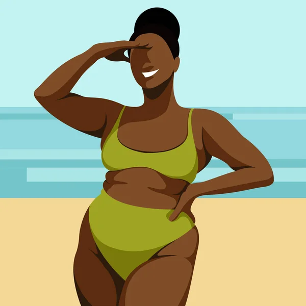 夏休みをテーマにしたベクターイラスト 美しい曲線を描く幸せな暗い肌の少女は 海や海を背景にビーチの緑のビキニでビーチに立っています 脂肪の折り目 — ストックベクタ