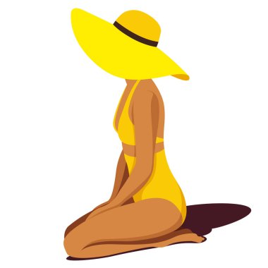 Yaz tatili konulu vektör illüstrasyonu. Sarı mayo giymiş bronzlaşmış bir kız kumsalda dizlerinin üzerinde beyaz bir arka planda izole edilmiş bir şapkayla oturuyor. Yaz tatili reklamları için kullanışlı