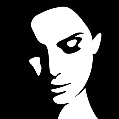 Bir gölgenin oluşturduğu güzel bir kadın yüzünün siyah beyaz vektör çizimi. Kadınlar için reklam ürünleri, güzellik salonları, dekoratif ve bakım kozmetik ürünleri, logo, poster, tasarım