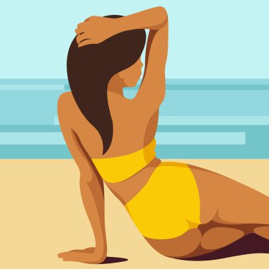 Yaz tatili temasında vektör modayı. Sarı mayo giymiş bronzlaşmış bir kız sahilde poz verir, güneşlenir, dinlenir, tropik bir tatil köyünde denizin ya da okyanusun arka planına yaslanır..
