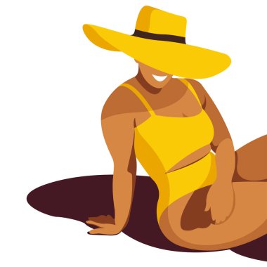 Yaz tatili konulu vektör resmi. Güzel, mutlu, kıvrımlı, iri yarı bir kız, kumsalda sarı bir mayo ve büyük bir şapkanın altında güneşleniyor. beyaz arkaplanda izole.