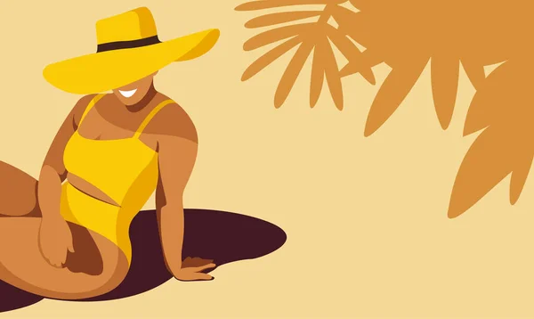 关于暑假主题的矢量图像 美丽的 快乐的曲线女孩穿着黄色的泳衣坐在海滩上 在棕榈树的树阴下 在大礼帽下晒日光浴 — 图库矢量图片