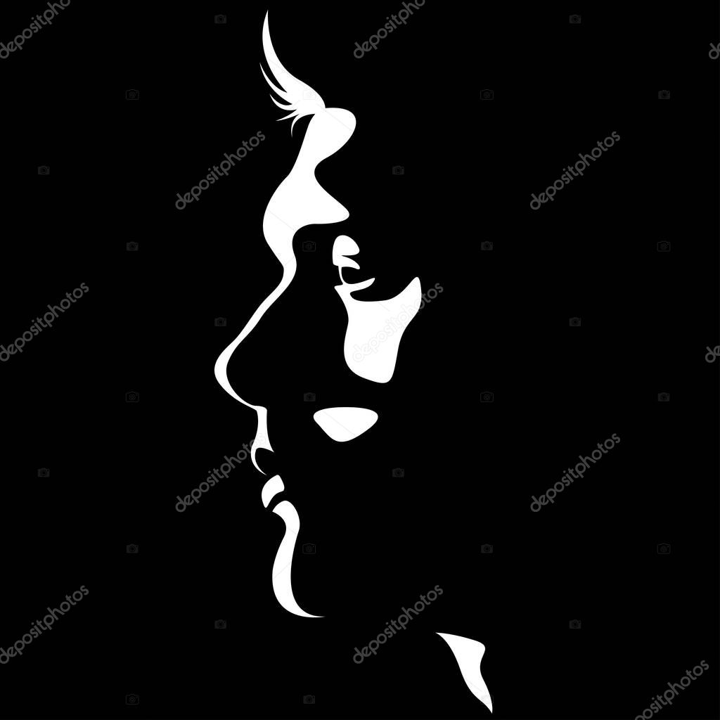 Vector black and white illustration of handsome manly male face shaped by shadow. useful for men's products advertising, beauty salons, barbershops, skin care cosmetics, logo, print, poster, design