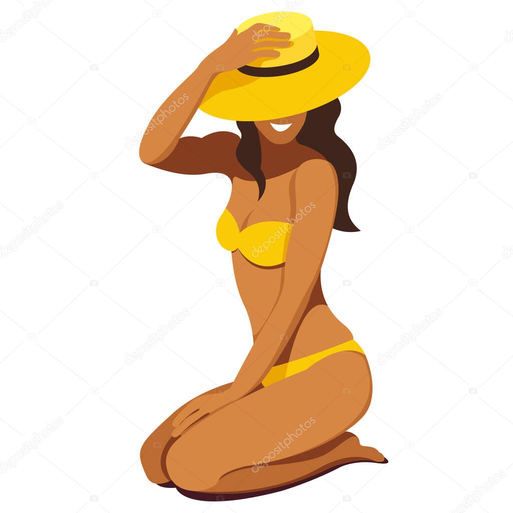 vector illustration on the theme of summer holidays. a tanned girl in a yellow swimsuit sits on her knees on the beach in a hat isolated on a white background. useful for advertising summer vacantion