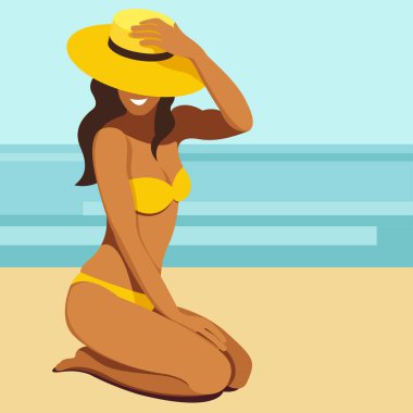 Yaz tatili konulu vektör resmi. Sarı mayo giymiş bronzlaşmış bir kız, plajda şapkayla poz verir, güneşlenir, dinlenir, tropik bir tatil köyünde denizin veya okyanusun arka planına karşı dinlenir..