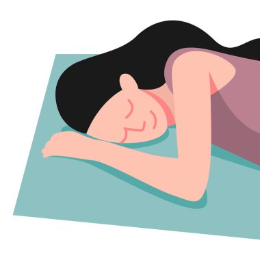 Beyaz bir arka planda, saçı pastel renklerde yastığa saçılmış tatlı bir şekilde yatakta uyuyan bir kızın tasviri. Reklam gevşetici ürünler ve uyku ürünleri için kullanışlı