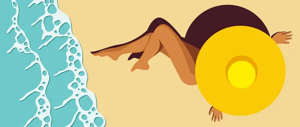 Vector Bright Sunny Illustration Beautiful Tanned Girl Yellow Swimsuit Sunbathing — Stockvektor