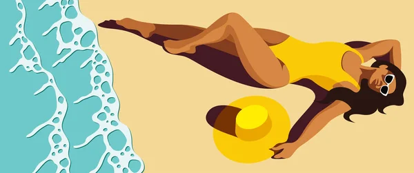 Vector Bright Sunny Illustration Beautiful Tanned Girl Yellow Swimsuit Sunbathing — Stockový vektor