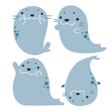 vector cartoon set of funny cute fur seals in various poses isolated on white background. useful for web, graphic design, print, patterns, wallpapers, baby products, aquarium, swimming pool, bathroom