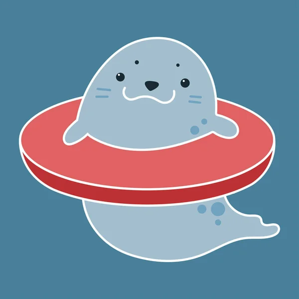 Vector Cartoon Illustration Funny Cute Fur Seal Inflatable Swim Ring — Stockvector