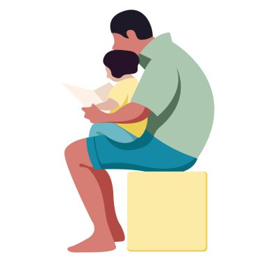 vector illustration father spends time with his child. father holds his son in his arms and reads a book with him. useful for father's day, print, poster, web, advertising, children's product and book