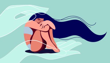 vector image on the theme of mental health. a very sad girl needs psychological support. she may be a victim of domestic violence or abuse. helping hands reach out in her. self-doubt, depression.