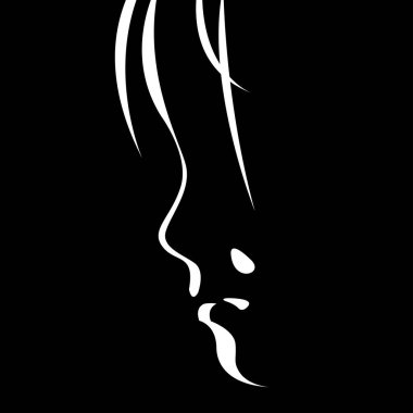 vector black and white light and shadow illustration of child profile silhouette. isolated on black background. useful for kids product advertising, web, graphic design, logo, print, poster