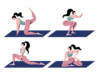 vector set girl in pink leggings and blue bra goes in for sports (fitness) on a sports mat in flat design style isolated on white background. useful for sports applications, web, design, print, poster