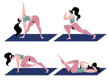 vector set girl in pink leggings and blue bra goes in for sports (fitness) on a sports mat in flat design style isolated on white background. useful for sports applications, web, design, print, poster