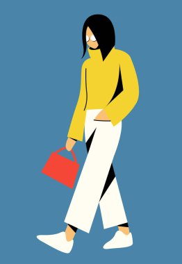 vector trendy flat design illustration of a beautiful girl in fashionable clothes in white pants, a yellow sweater and with a bright handbag walks down the street. useful for web, graphic design