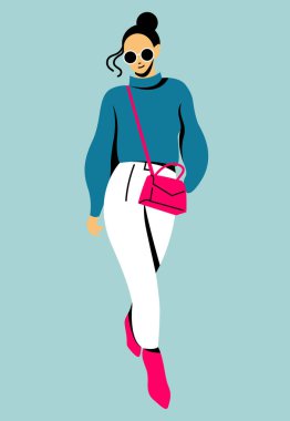 Beyaz pantolonlu, mavi kazaklı ve çapraz vücut çantalı güzel ve modaya uygun bir kızın tasarım çizimi. Web, grafik tasarımı, baskı, giyim mağazaları, kartlar, poster için kullanışlı