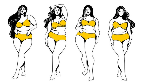 векторные линейные иллюстрации на тему положительности тела. красивые пышные пухлые девушки не стесняются жировых складок на теле и рулонах живота. изолированы на белом фоне. любите и принимайте своё тело.