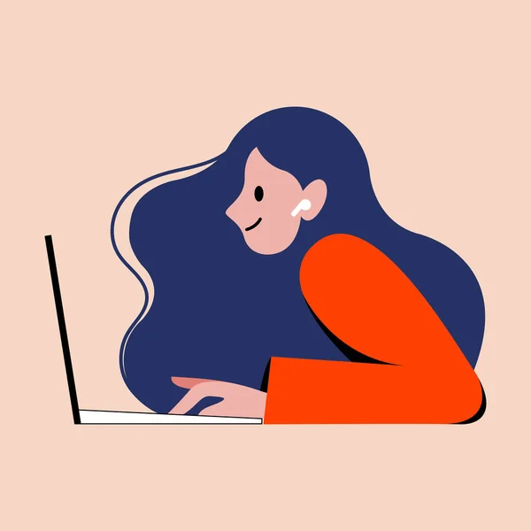 Vector Flat Design Illustration Girl Sitting Working Laptop Headset Her — Stock Vector