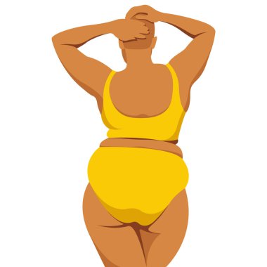 Vücut pozitifliği konulu vektör çizimi. Kıvrımlı tombul kız sırtüstü duruyor ve belindeki yağ kıvrımlarından utanmıyor. Beyaz arka planda izole edilmiş. Vücudunu sev ve kabul et.