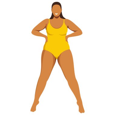 Vücut pozitifliği temasında vektör görüntüsü. Genç, kıvrımlı, tombul bir kız ayağa kalkar ve belindeki yağlardan utanmaz. Beyaz arka planda izole edilmiş. Vücudunu sev ve kabul et. Kendini sev..