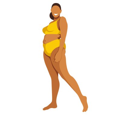 Vücut pozitifliği temasında vektör görüntüsü. Genç, kıvrımlı, tombul bir kız ayağa kalkar ve belindeki yağlardan utanmaz. Beyaz arka planda izole edilmiş. Vücudunu sev ve kabul et. Kendini sev..