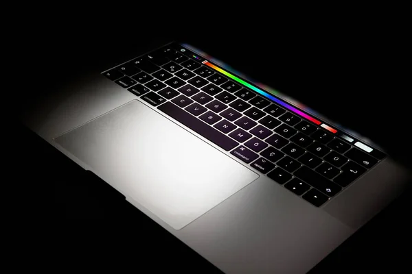 Black White Laptop Computer Red Pen Office Top View — Stock Photo, Image