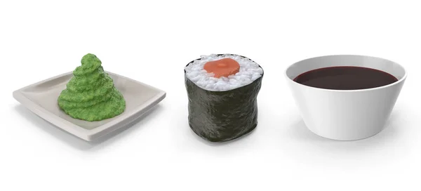 寿司わさび醤油セット 3Dレンダリング — ストック写真