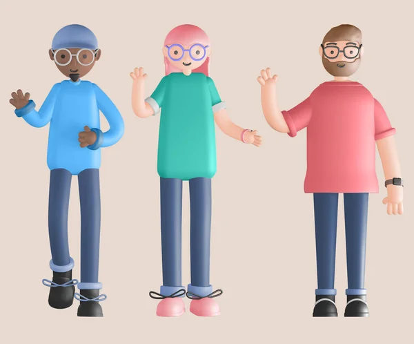Sosyal ve Mutlu Erkek ve Kadın Karakter Pozisyonları 3D görüntüleme