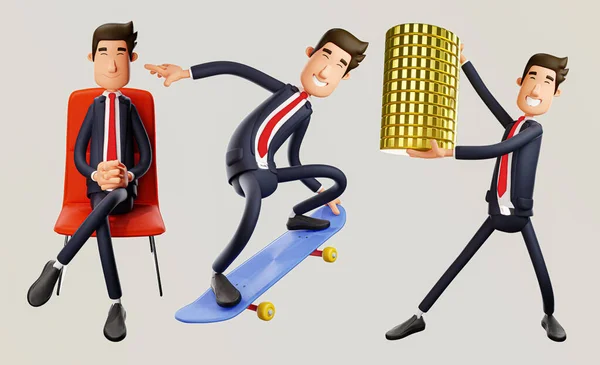 快乐与社会商业男性角色集3D渲染 — 图库照片