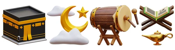 Icono Ramadhan Establecido Sobre Fondo Blanco Aislado Renderizado — Foto de Stock