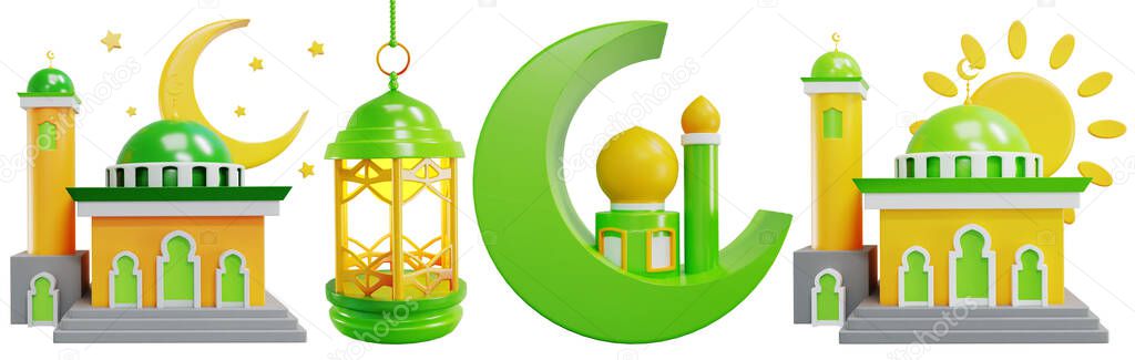 ramadhan icon set on white isolated background 3d rendering