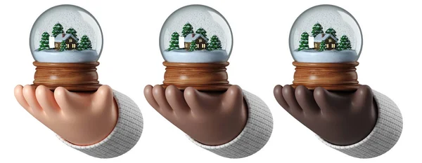Mão Pack Com Glob Neve Natal Fundo Isolado Branco Renderização — Fotografia de Stock