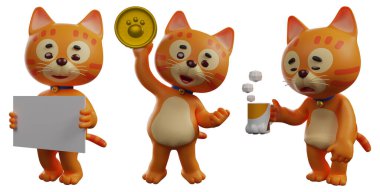 kedi pozu, beyaz izole arkaplan 3d görüntüleme üzerine ayarlandı