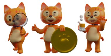 kedi pozu, beyaz izole arkaplan 3d görüntüleme üzerine ayarlandı