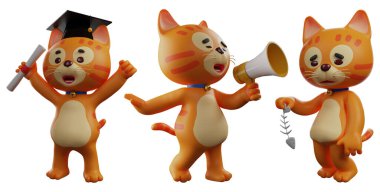 kedi pozu, beyaz izole arkaplan 3d görüntüleme üzerine ayarlandı