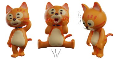 kedi pozu, beyaz izole arkaplan 3d görüntüleme üzerine ayarlandı