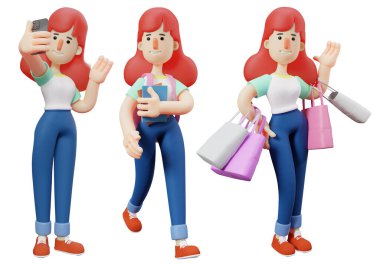 Karakter kadın pozu beyaz izole arkaplanda 3D görüntüleme