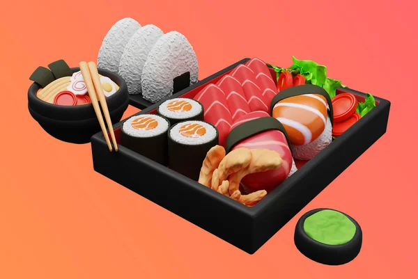 寿司日本食セット隔離された背景3Dレンダリング — ストック写真