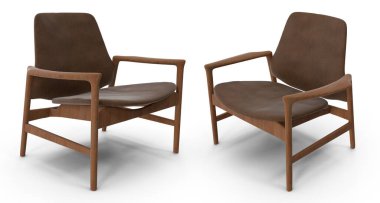 Beyaz izole arkaplanda kumaşı ve gölgeli 3D işlemeli modern vintage sandalye ve koltuk