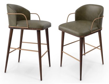 Beyaz izole arkaplanda kumaşı ve gölgeli 3D işlemeli modern vintage sandalye ve koltuk