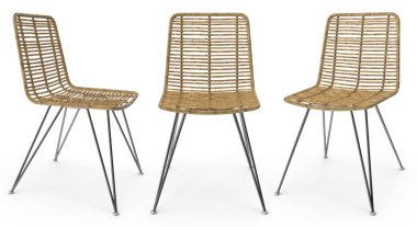 Beyaz izole arkaplanda kumaşı ve gölgeli 3D işlemeli modern vintage sandalye ve koltuk