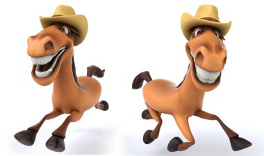 Atlar çizgi film karakteri beyaz izole arkaplanda poz verir. 3D görüntüleme