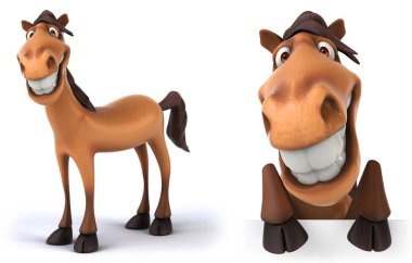 Atlar çizgi film karakteri beyaz izole arkaplanda poz verir. 3D görüntüleme