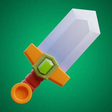 Savaşçı Kılıç karikatürü ve oyun varlık simgesi izole arkaplan 3D görüntüleme üzerine ayarlandı